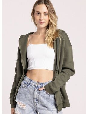 Tilly's Olive Green Zip Hoodie with White Ribbed Crop Cami